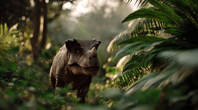 Dinosaur roams through lush jungle filled with vibrant greenery and towering plants, creating serene yet majestic atmosphere - Powered by Adobe