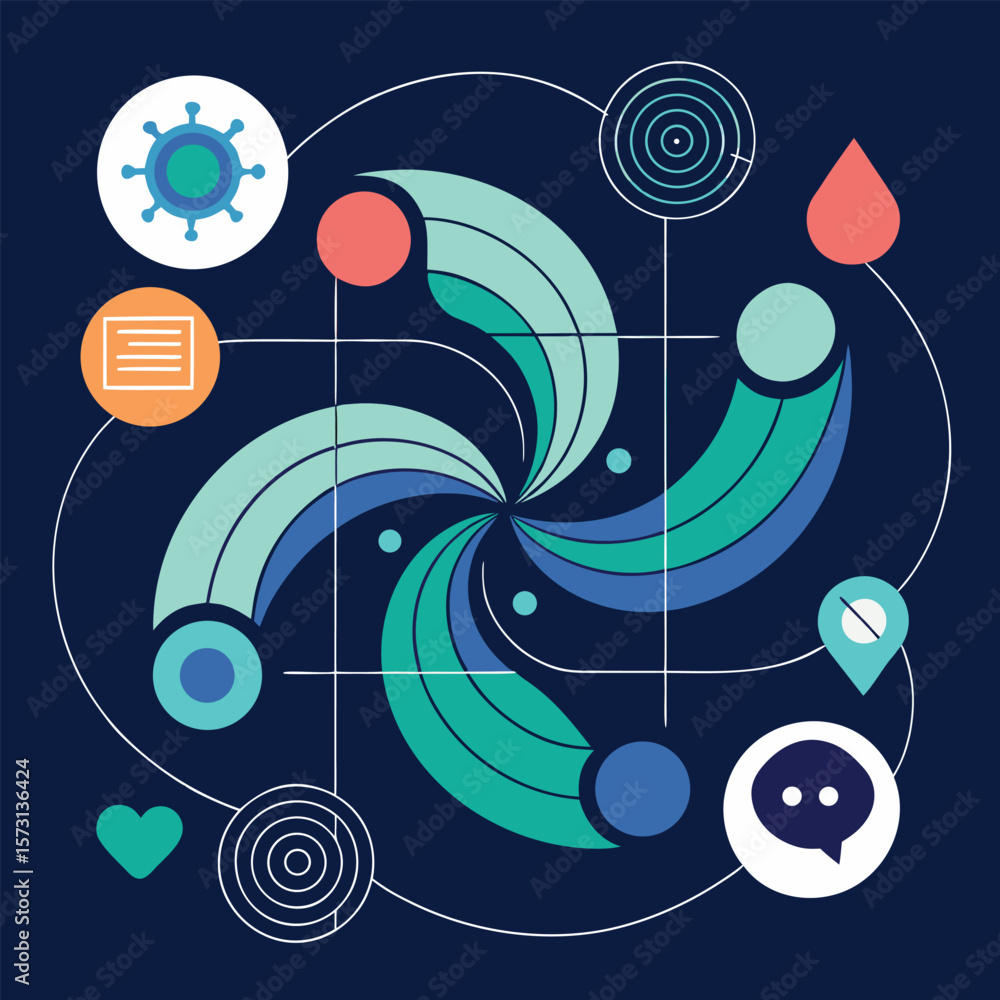 Poster abstract graphic design elements arranged in a circular pattern for visual communication on a dark b