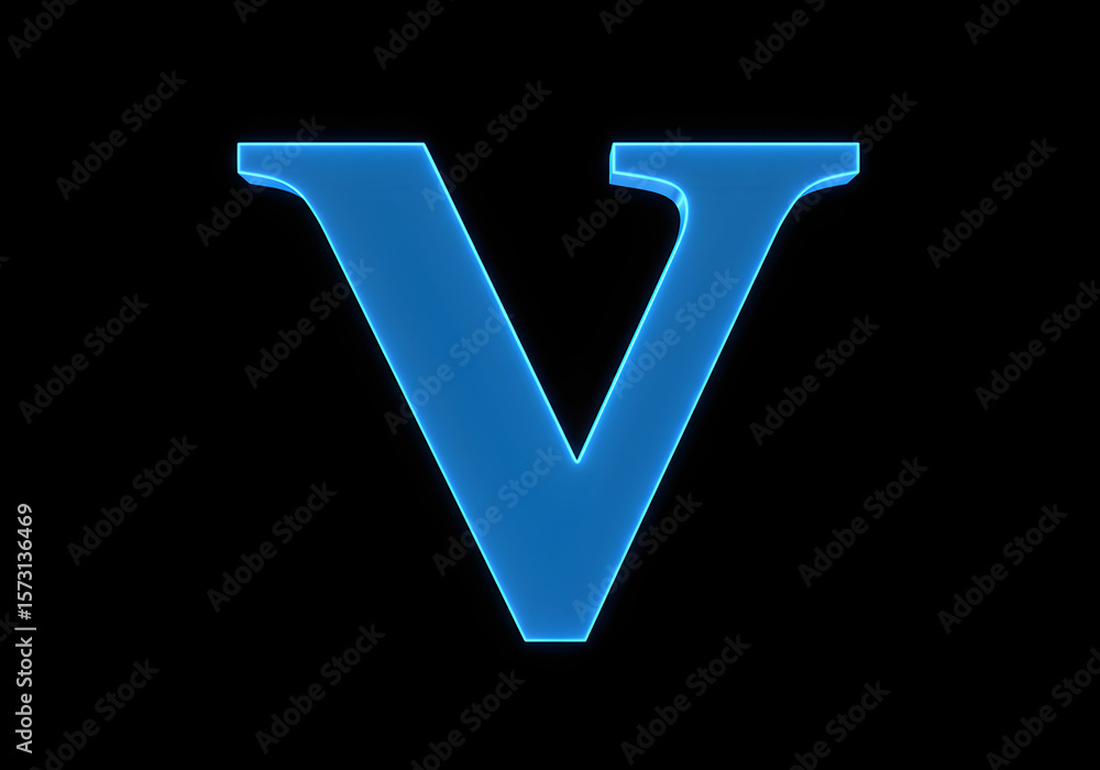 Fototapete glowing blue letter v on black background | 3d rendered alphabet initial for technology and design v