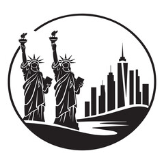 Obraz premium Two statues of liberty stand tall against the new york city skyline, representing freedom and iconic american landmarks in a circular design