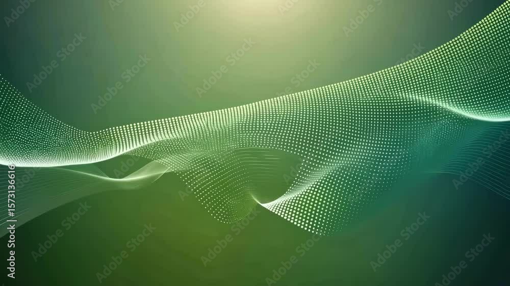 Poster green gradient background with flowing dotted lines for abstract technology concept.