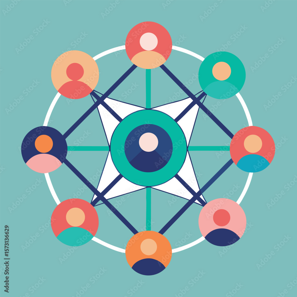 Poster abstract illustration depicting people as interconnected elements within a centralized network syste