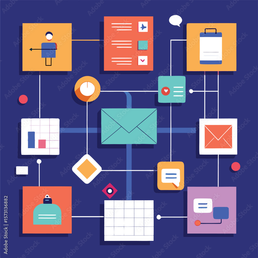 Poster abstract illustration of data flow and communication icons connected with lines on a dark blue backg