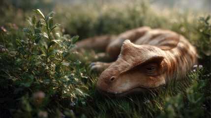 Obraz premium Dinosaur rests peacefully among lush green grass and delicate flowers, embodying serene moment in prehistoric landscape