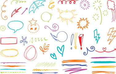 Cartoon-style doodles featuring comic strokes, hearts, lightning bolts, thought bubbles, and marker lines&mdash;ideal for playful infographics, posters, or note decorations.