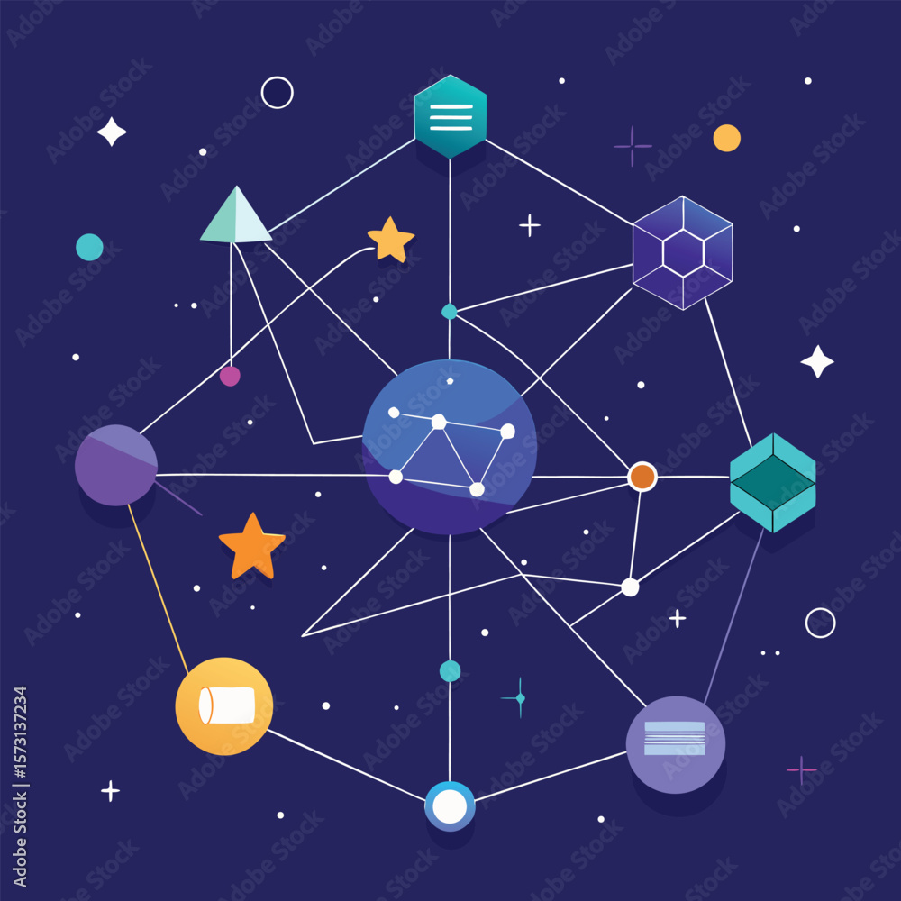 Poster abstract network illustration depicting connections between concepts ideas and elements for digital 