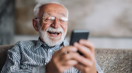 Une personne âgée senior connecté, il est joyeux et utilise son smartphone