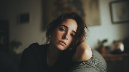 Une femme seule dépressive sur son canapé, elle a le regard vide et triste