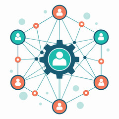 Abstract network of people connected to a central gear illustrating teamwork and collaboration