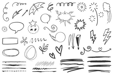 Hand-drawn black and white sketch element collection featuring comic-style speech bubbles, swirls, arrows, highlights, stars, lightning, and underline strokes.