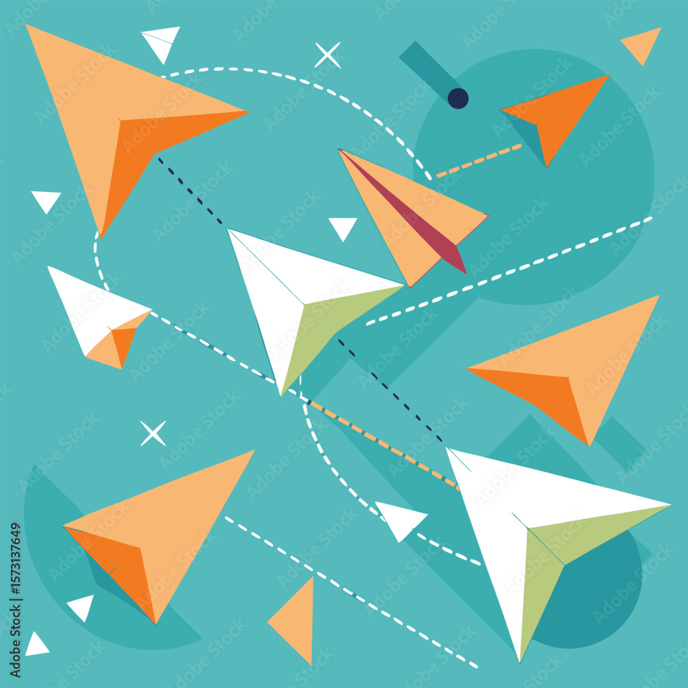Poster abstract vector composition depicting geometric paper airplanes and lines on a teal background