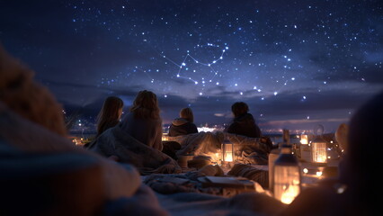 a small group of friends stargazing from a rooftop, wrapped in blankets, laughing and pointing at constellations, warm glow from lanterns around them, deep starry sky overhead.