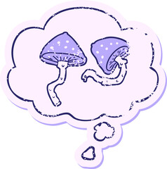 cartoon mushrooms with thought bubble as a distressed worn sticker in bright neon color