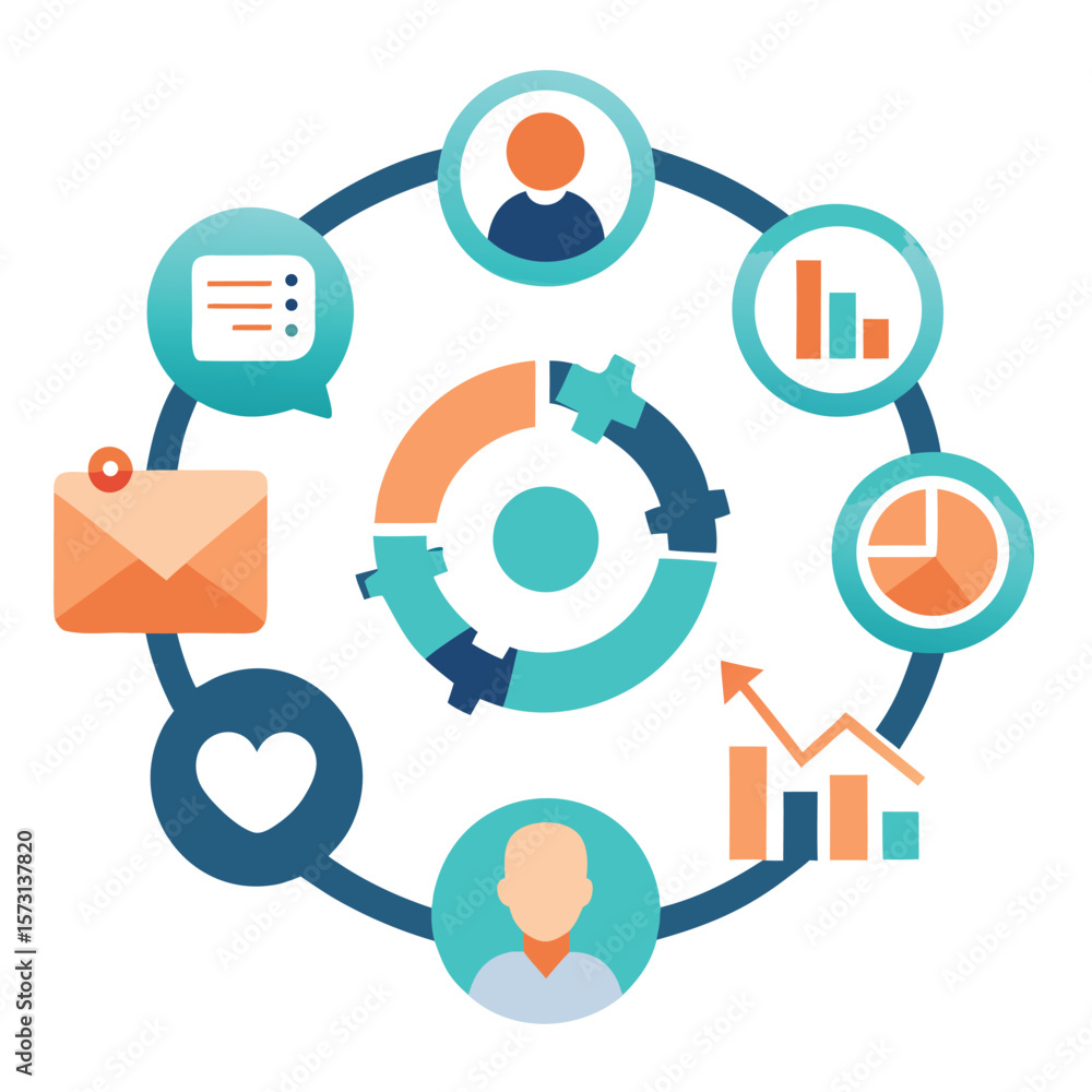 Poster circular infographic representing business processes data analysis teamwork and communication.