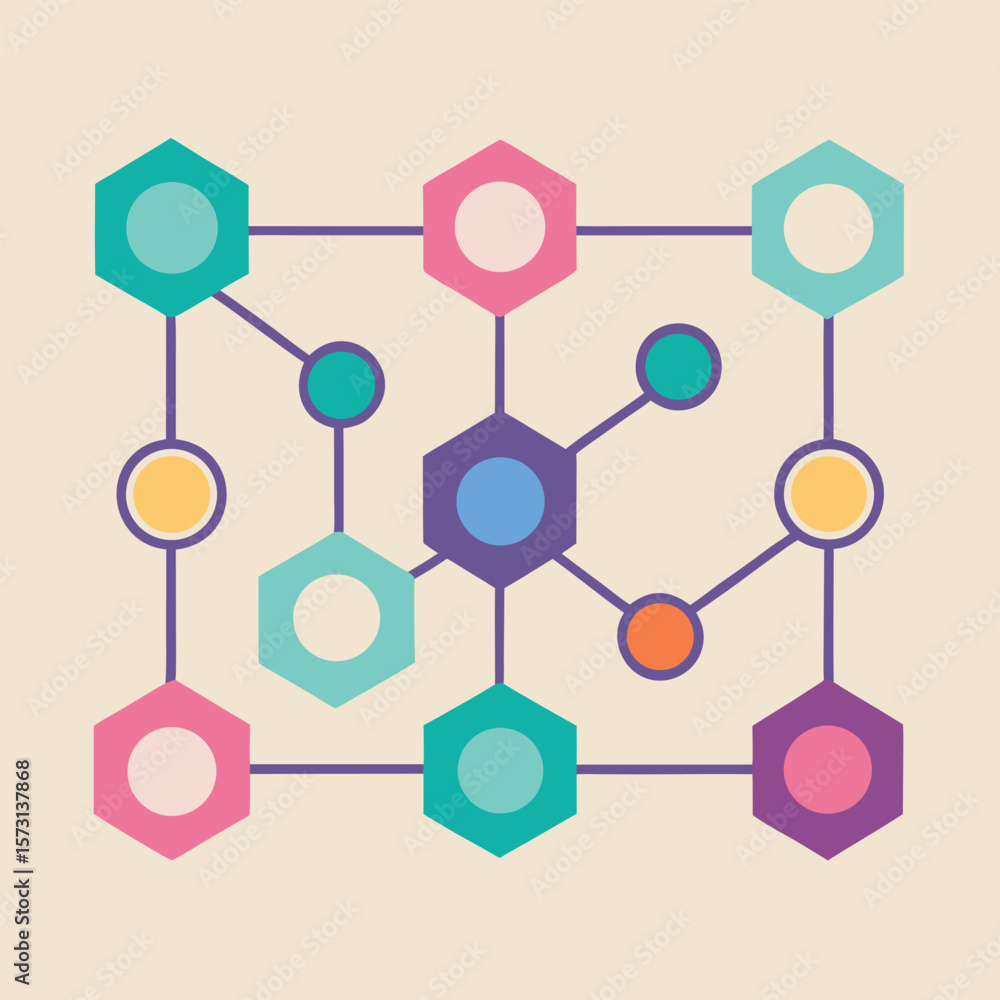 Poster colorful geometric connection network vector illustration with hexagons and circles on a beige backg