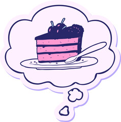 cartoon chocolate cake with thought bubble as a printed sticker in bright neon color