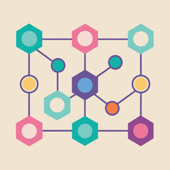 Colorful geometric connection network vector illustration with hexagons and circles on a beige background