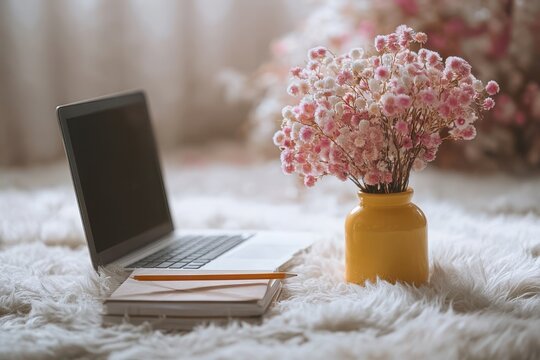 Laptop and flowers on a fluffy rug creating a cozy and inviting workspace