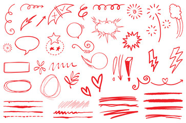 Vibrant collection of colorful hand-drawn sketch elements including arrows, speech bubbles, stars, swirls, underlines, and expressive accents for creative design use.
