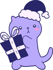 cute cartoon cat carrying christmas present in bright neon color