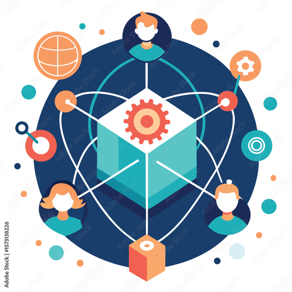 Poster conceptual illustration of networking with teamwork technology and global connectivity in a modern s