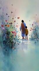 Fototapeta premium Jesus and a child walking together, peaceful watercolor scene with soft floral background 