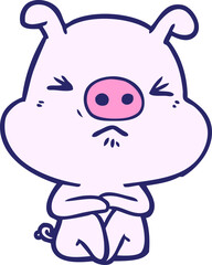 cartoon angry pig sat waiting in bright neon color