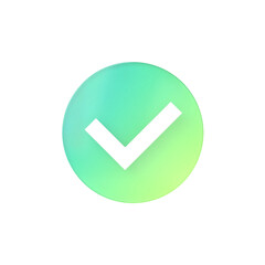 3Dイラストアイコン。黄緑色グラデーションの透明感のある丸い背景に白いチェックマーク