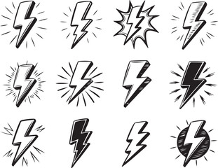 Set of Hand-Drawn Cartoon Lightning Bolt Icons