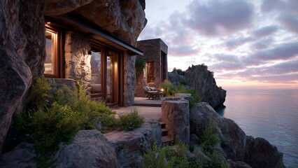 Naklejka premium a warm and inviting cliff house built from stone and wood, glowing warmly from interior lights at sunset, overlooking a calm sea with colorful sky.