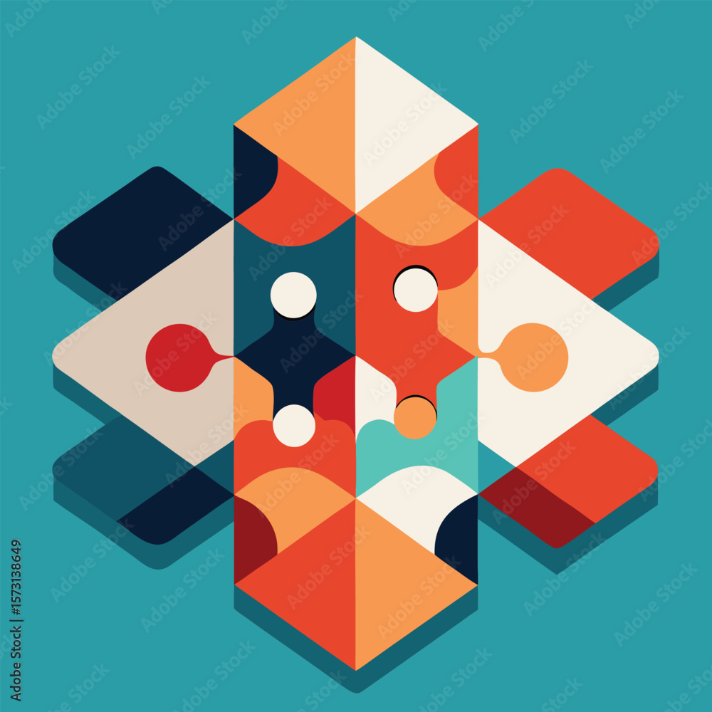 Poster geometric abstract composition featuring colorful shapes and shadows on a teal background