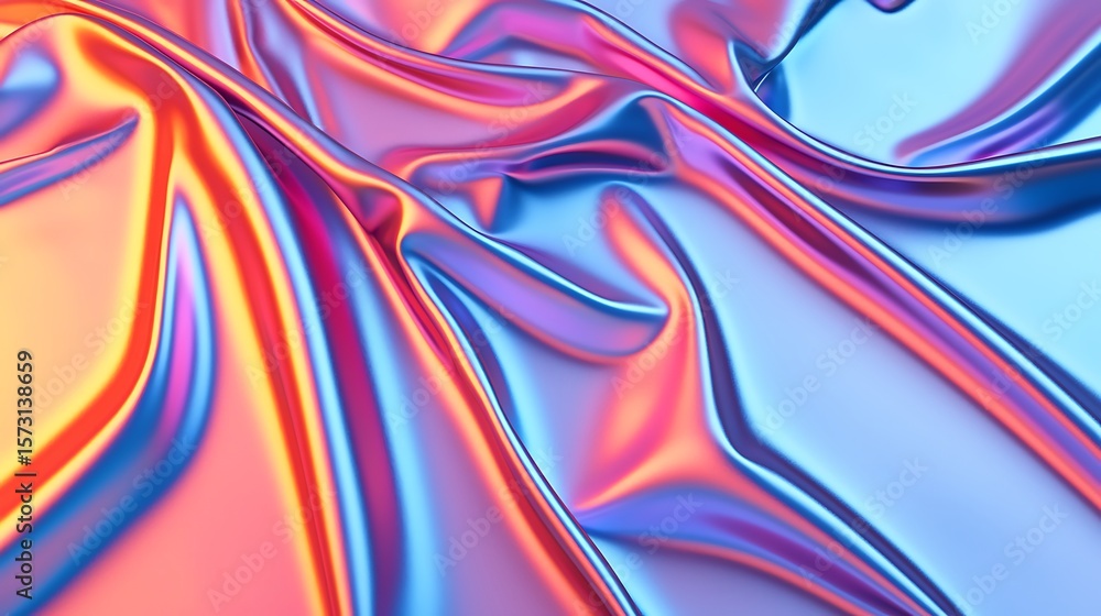 Poster smooth, shiny fabric in vibrant blue and orange hues with fluid folds and reflective highlights crea