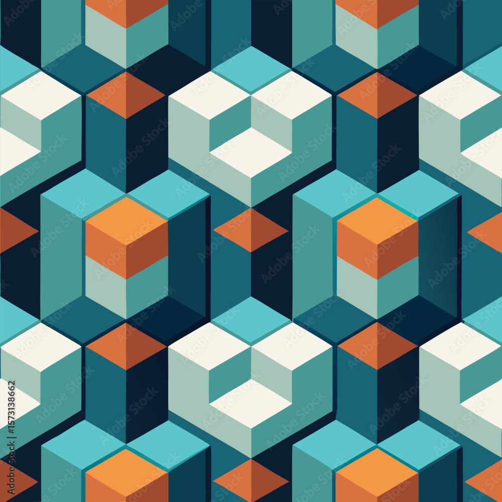 Poster geometric 3d cube pattern in teal and orange seamless background design for modern art and graphic p