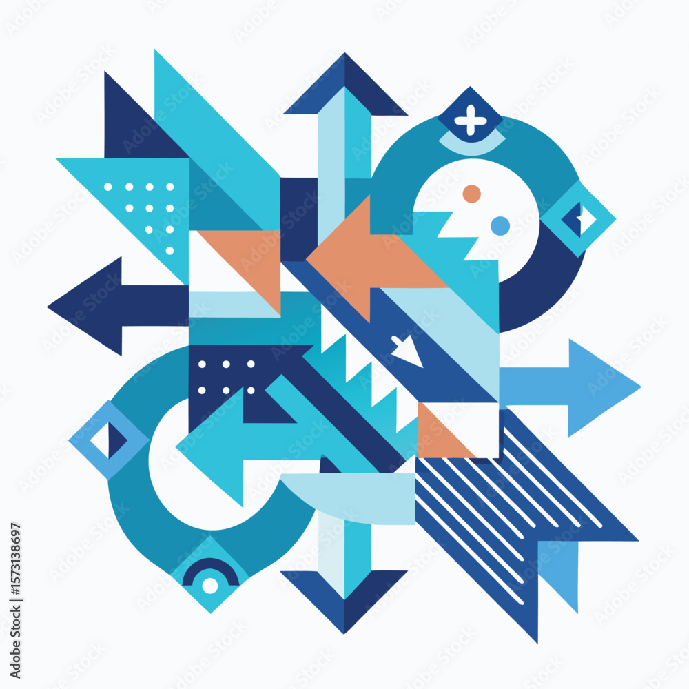 Poster geometric abstract composition of arrows and shapes representing direction and movement in vibrant c