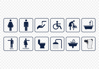Washroom signs. Restroom or toilet door sign set containing gents, ladies, disabled, and baby changing. Printable sticker. Transparent vector illustration
