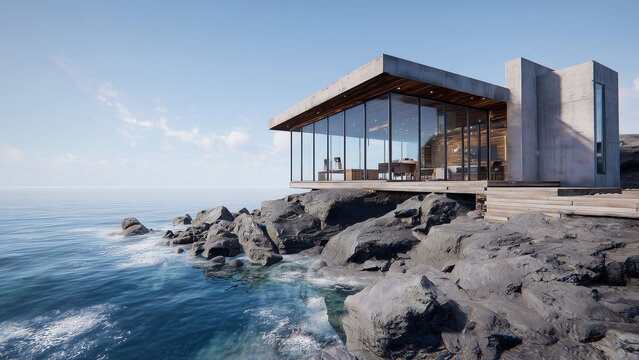 a modern cliff house perched on a rocky coastline, large floor-to-ceiling glass windows reflecting the ocean, minimalist design with wooden and concrete elements, waves crashing below. - Powered by Adobe
