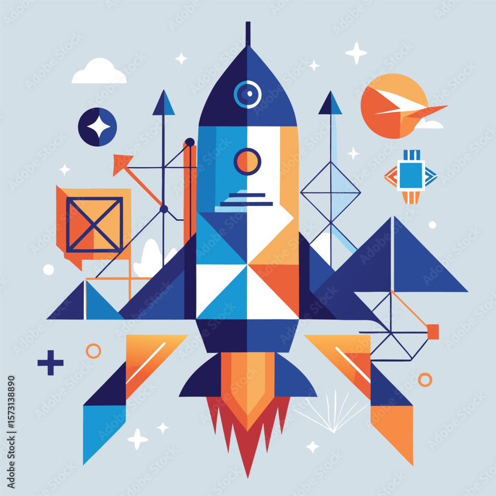 Poster geometric abstract rocket and space elements featuring modern color palette with space exploration t