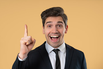 Genius Idea. Resourceful 30S Aged Businessman.eureka Moment,Pointing Finger Up