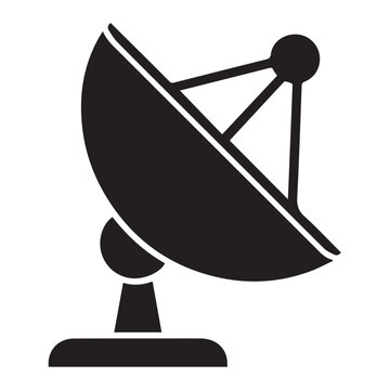 A black and white vector illustration of a satellite dish antenna used for communication and signal transmission