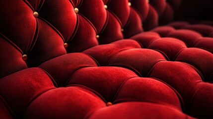 Red velvet tufted sofa upholstery texture; interior design
