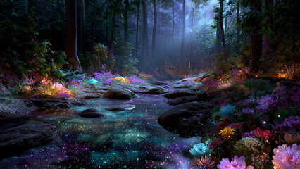 a lush enchanted forest filled with glowing flowers, sparkling streams, soft magical light filtering through ancient trees, vibrant colors.