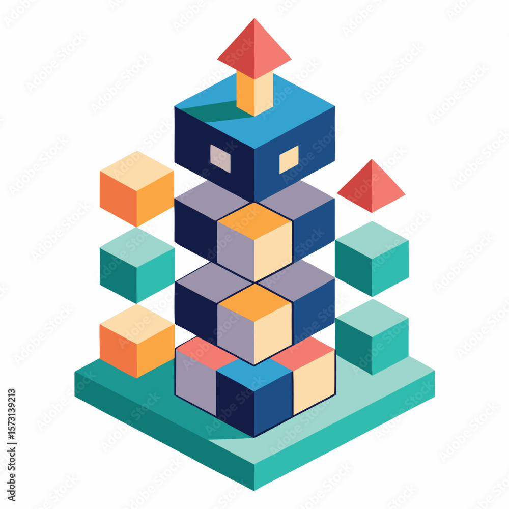 Poster isometric geometric tower with cubes and pyramids representing a design illustration for constructio