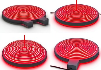 Four views of a circular, red-glowing heating element