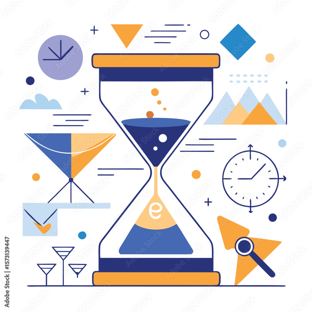 Poster modern abstract illustration featuring an hourglass symbolizing time management efficiency and proje