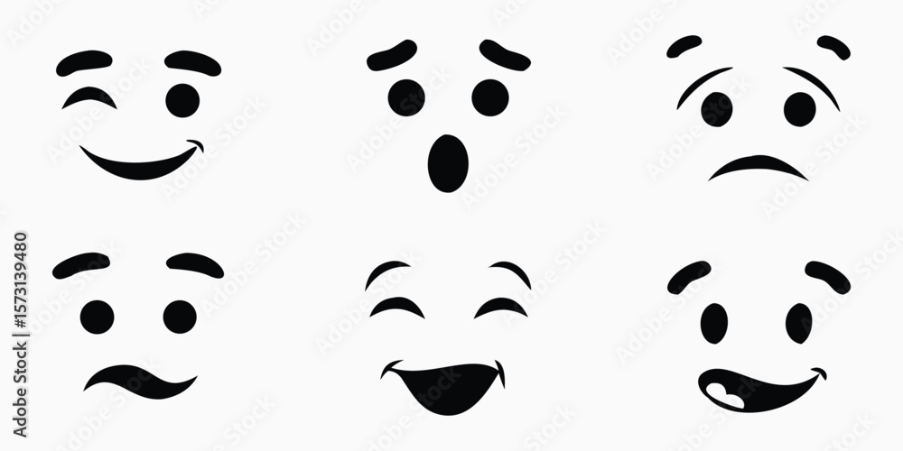 Poster set of simple abstract face elements vector graphic. black emotion icons including happy, surprised,