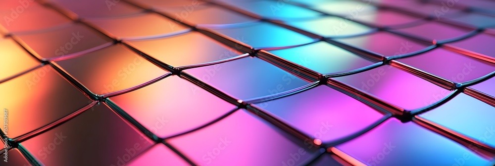 Poster colorful metallic grid with reflective, curved square tiles creating a vibrant, futuristic pattern i