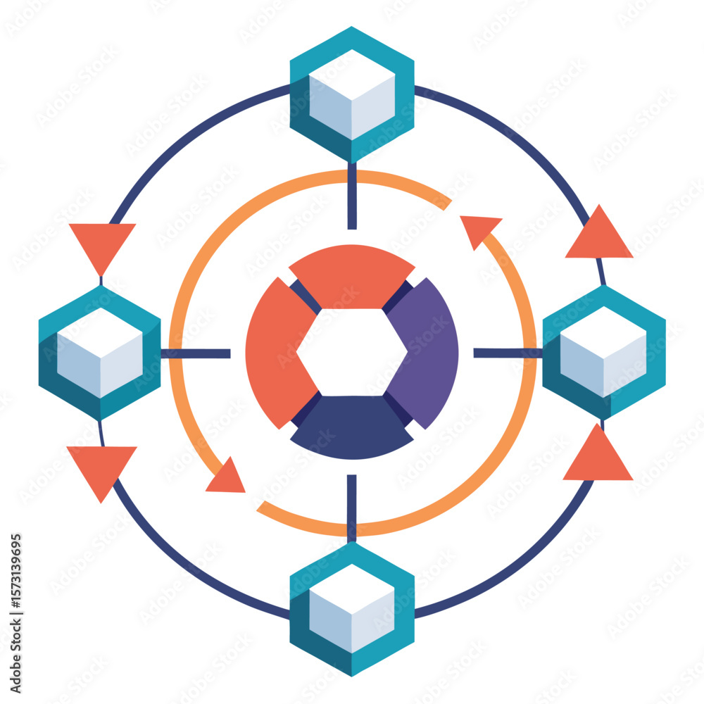 Poster modern circular process diagram featuring hexagonal icons and flowing arrows on a white background