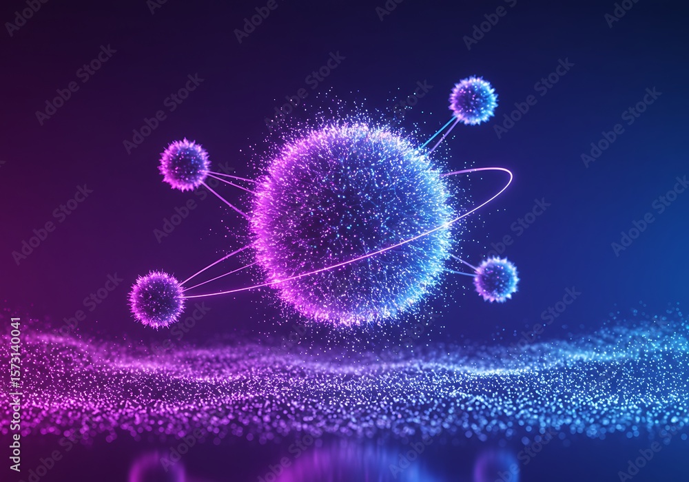 Poster abstract atom structure with glowing particles