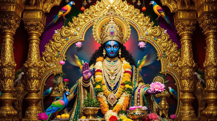A richly detailed devotional artwork of Shrinathji, a form of Lord Krishna, depicted with a dark blue face and adorned in regal traditional attire. 