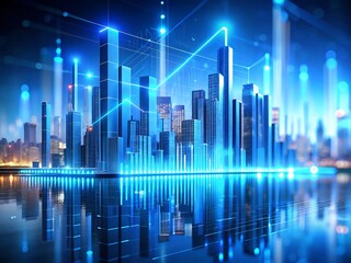 Naklejka premium A futuristic cityscape glows with neon lights reflecting on the water